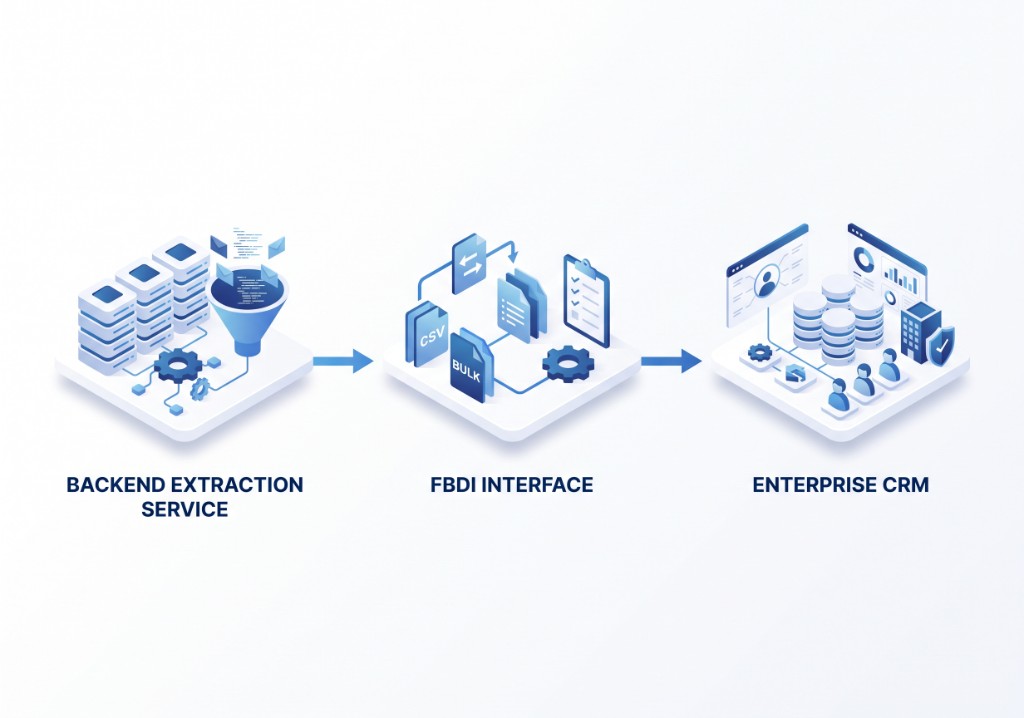 Backend extraction service loading data through an FBDI interface into an enterprise CRM