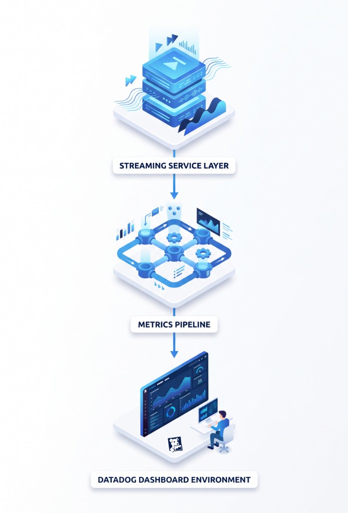 Streaming service layer feeding a metrics pipeline into a Datadog dashboard
