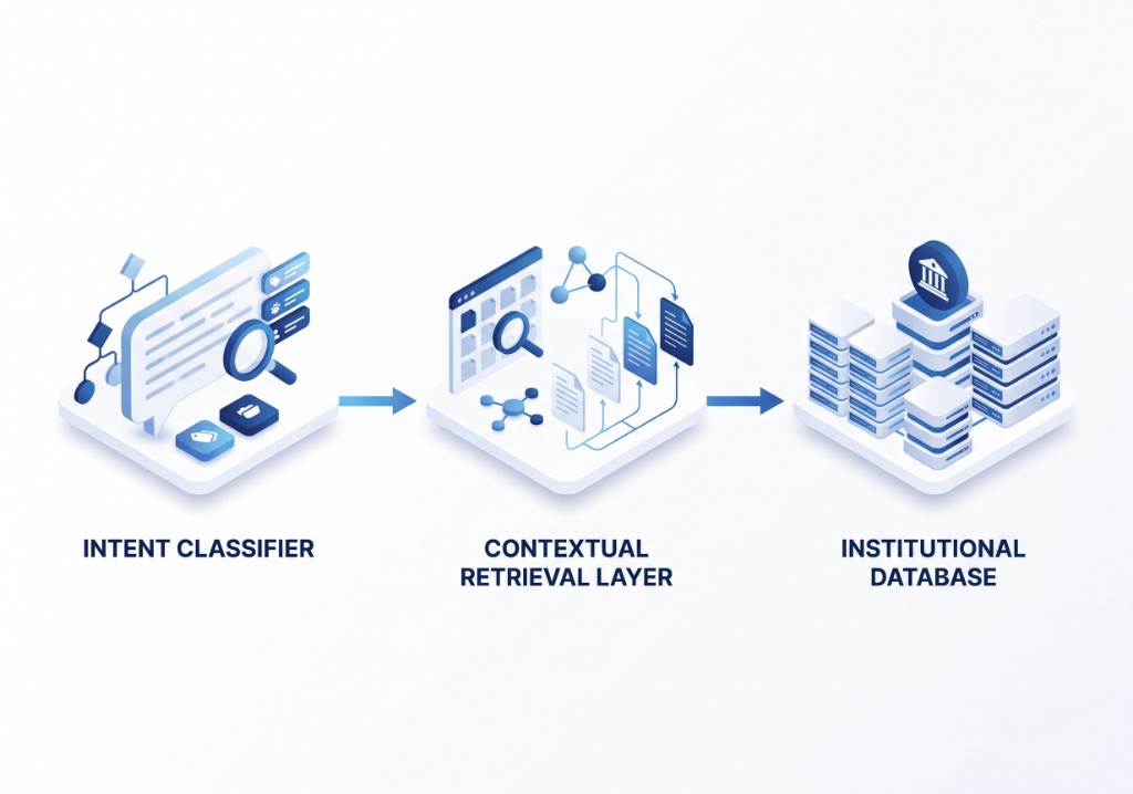 Intent classifier and contextual retrieval layer querying an institutional database