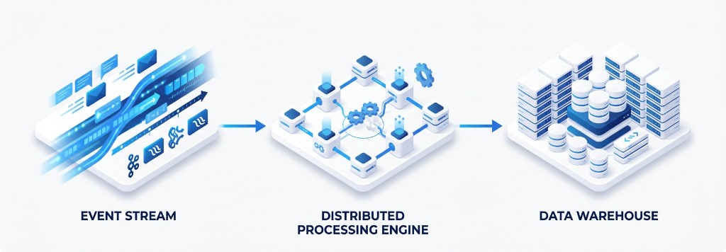 Event stream processed by a distributed engine into a data warehouse