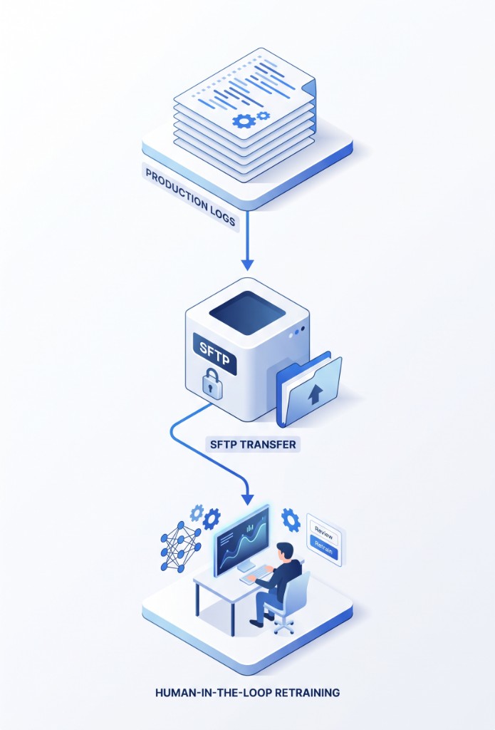 Production logs sent over SFTP for human-in-the-loop model retraining