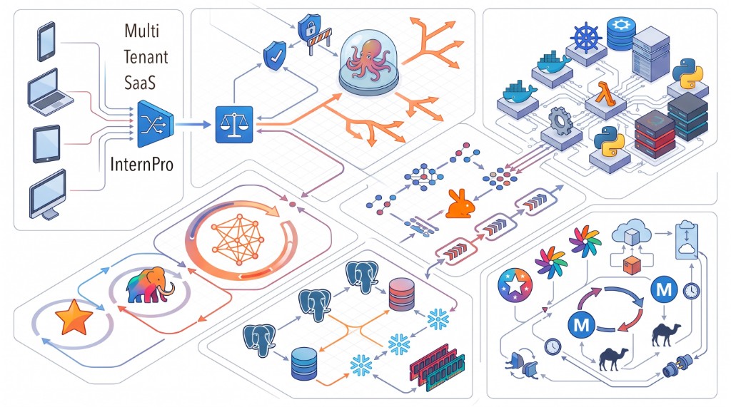 Multi-tenant SaaS platform at InternPro: tenant routing, event queues, Postgres and containerized services