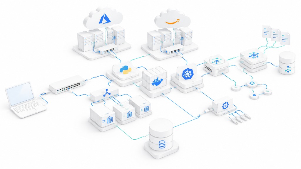 Cloud architecture linking Azure and AWS servers through Python, Docker and Kubernetes to databases