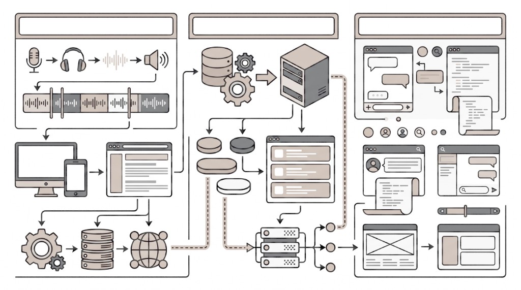 Real-time meeting copilot flow from audio capture through transcription services to chat and summary interfaces