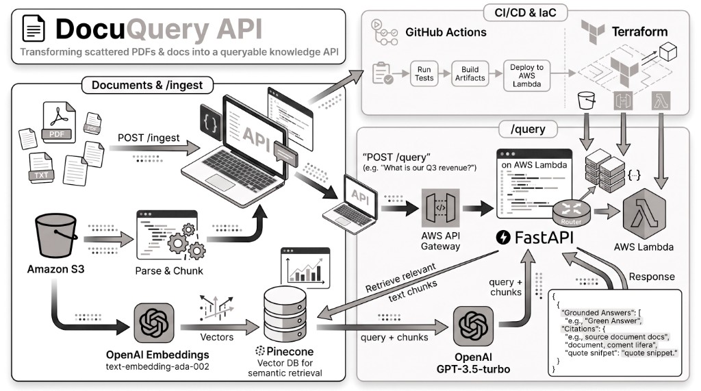 DocuQuery serverless RAG API architecture: S3 documents, OpenAI embeddings, Pinecone, FastAPI on AWS Lambda