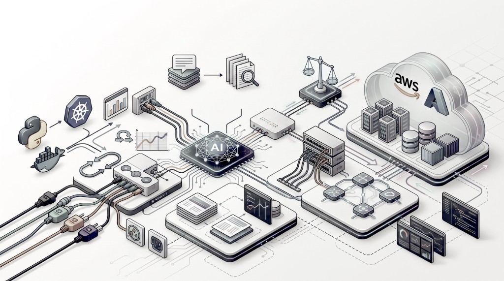 TypeScript logging framework architecture connecting services, AI processing and AWS and Azure cloud